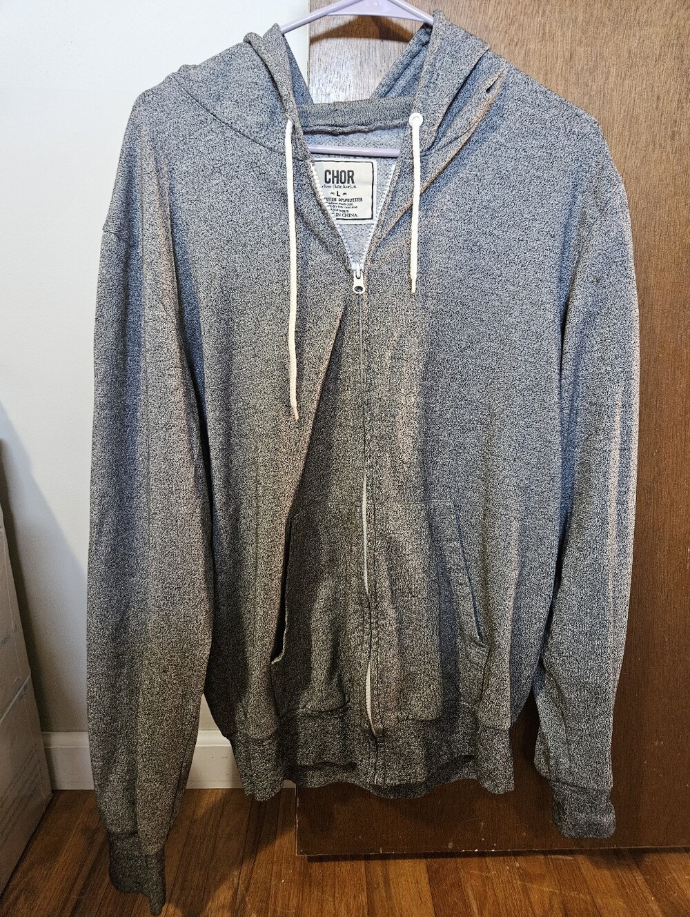 CHOR Heather Gray Full-Zip-Up Hooded Sweatshirt Size L Hoodie Cotton/Poly Blend